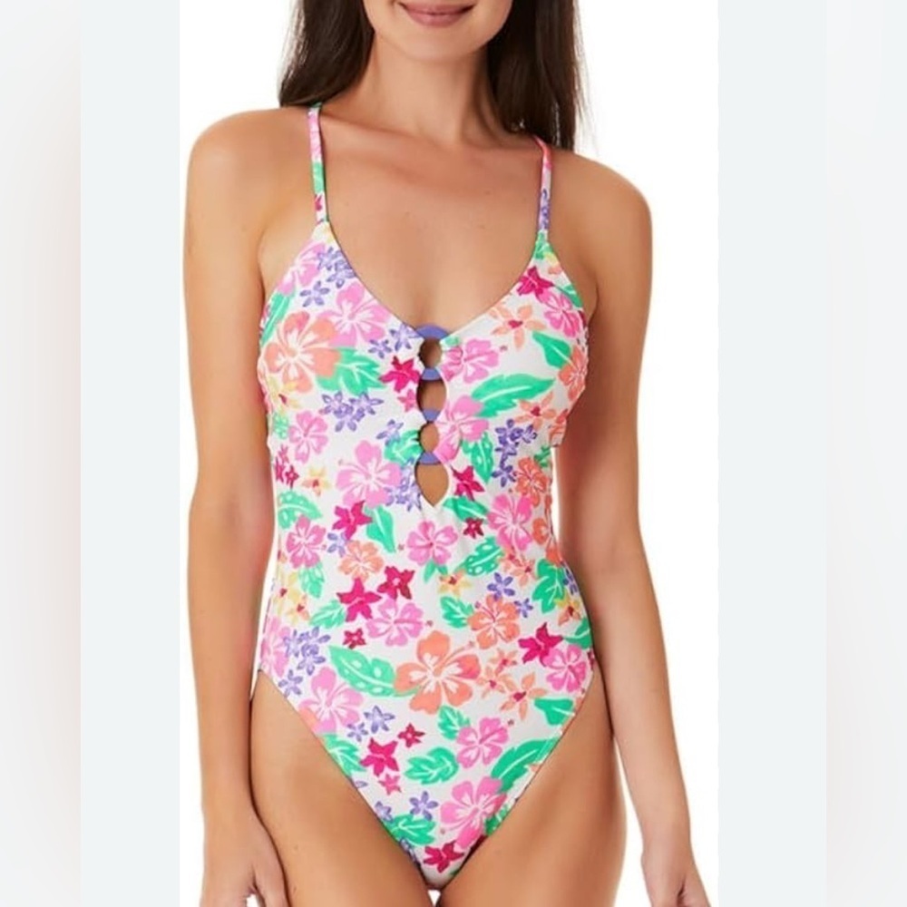 hibiscus Hawaiian Y2K stacked O ring peek-a-boo cutout one piece swimsuit NWT M
